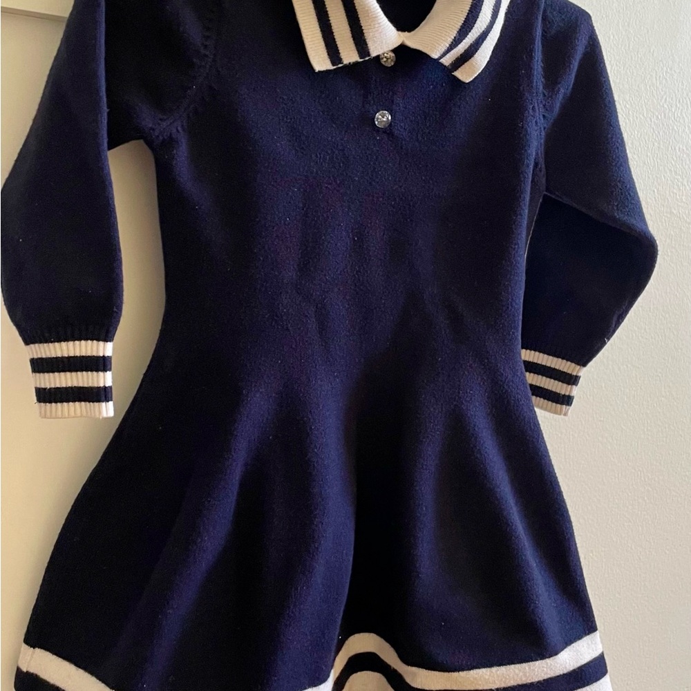 Wool Navy Blue Knit Dress with White Stripes
